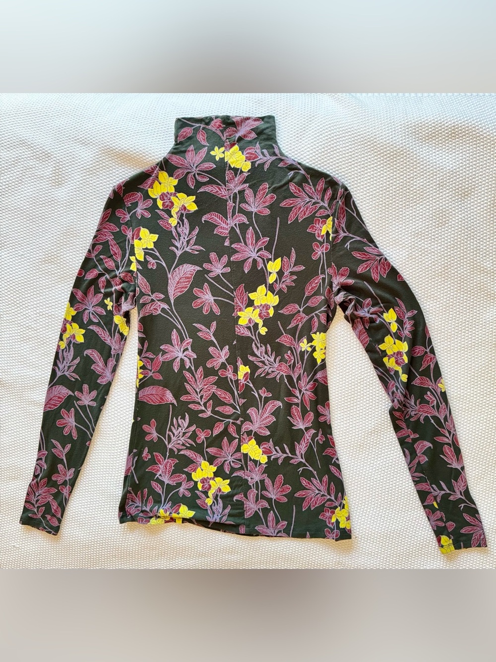 BABATON Aritzia Soft Knit Olive Green & Pink Floral Mock Neck Long Sleeve Top - Picture 14 of 15